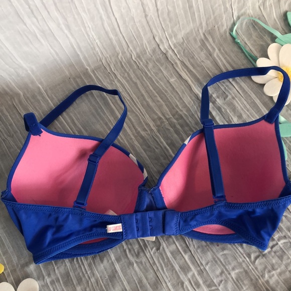 VICTORIAS SECRET PINK womans SZ 32D padded underwire bra blue white pink logo - Picture 4 of 13